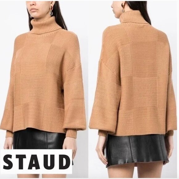 Staud Benny Sweater Roll Neck Turtleneck Long Sleeve Heavy Knit Beige Tan Small - Picture 1 of 9